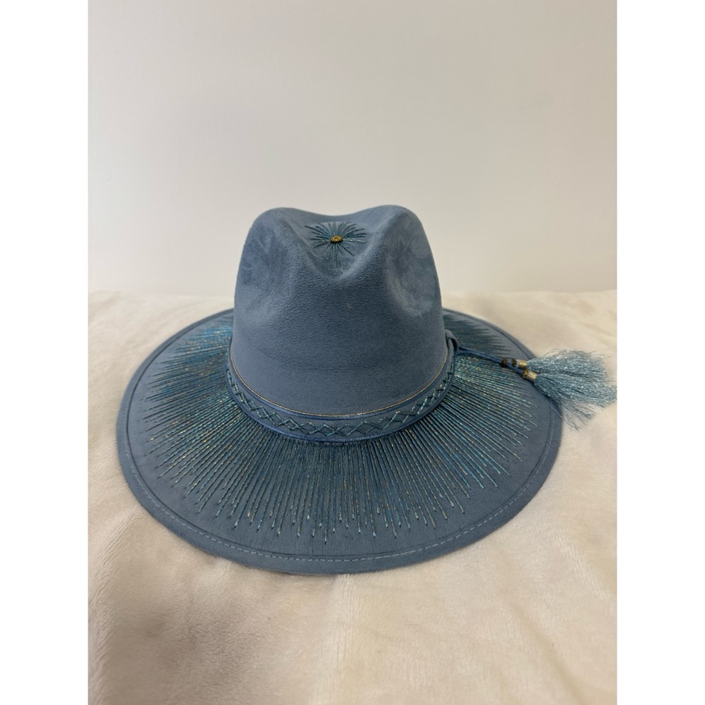 Embroidered Blue Wide-Brim Fedora Hat with Tassel